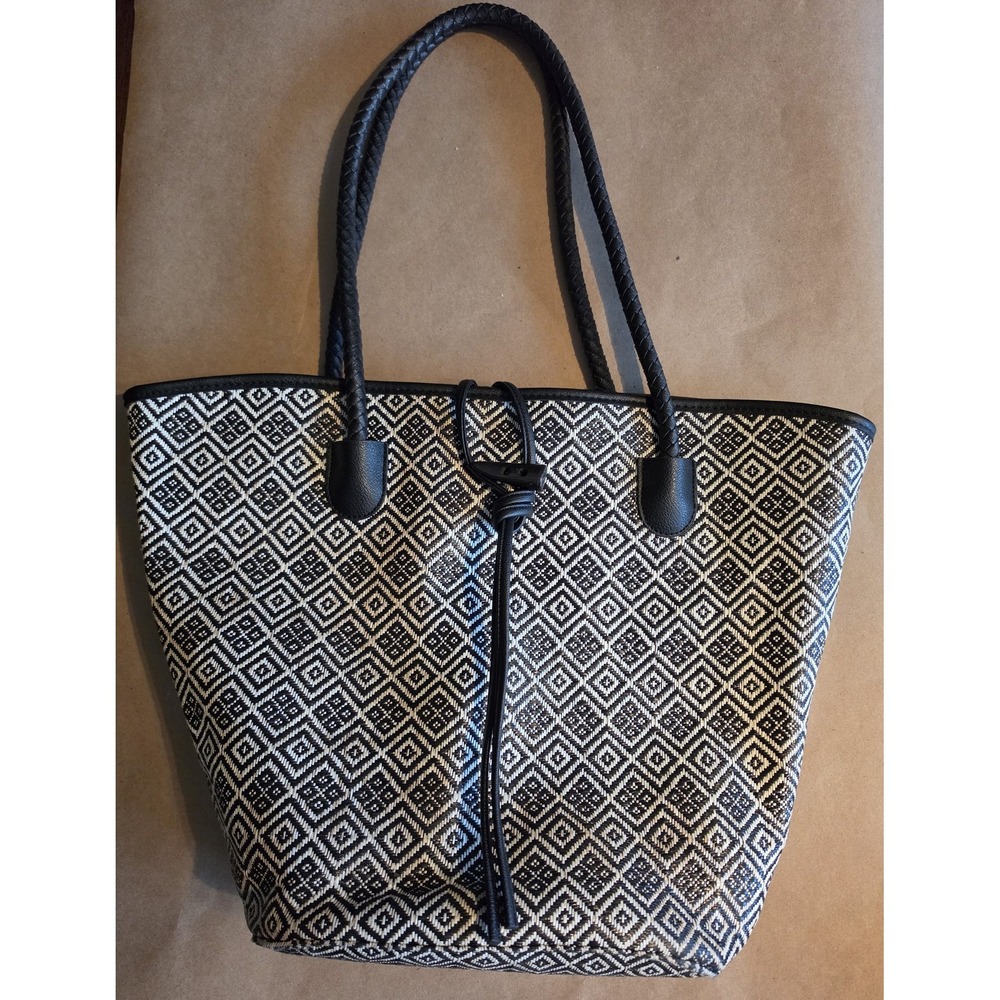 Neiman Marcus Tote Bag Black White Geometric Shoulder Handbag Purse